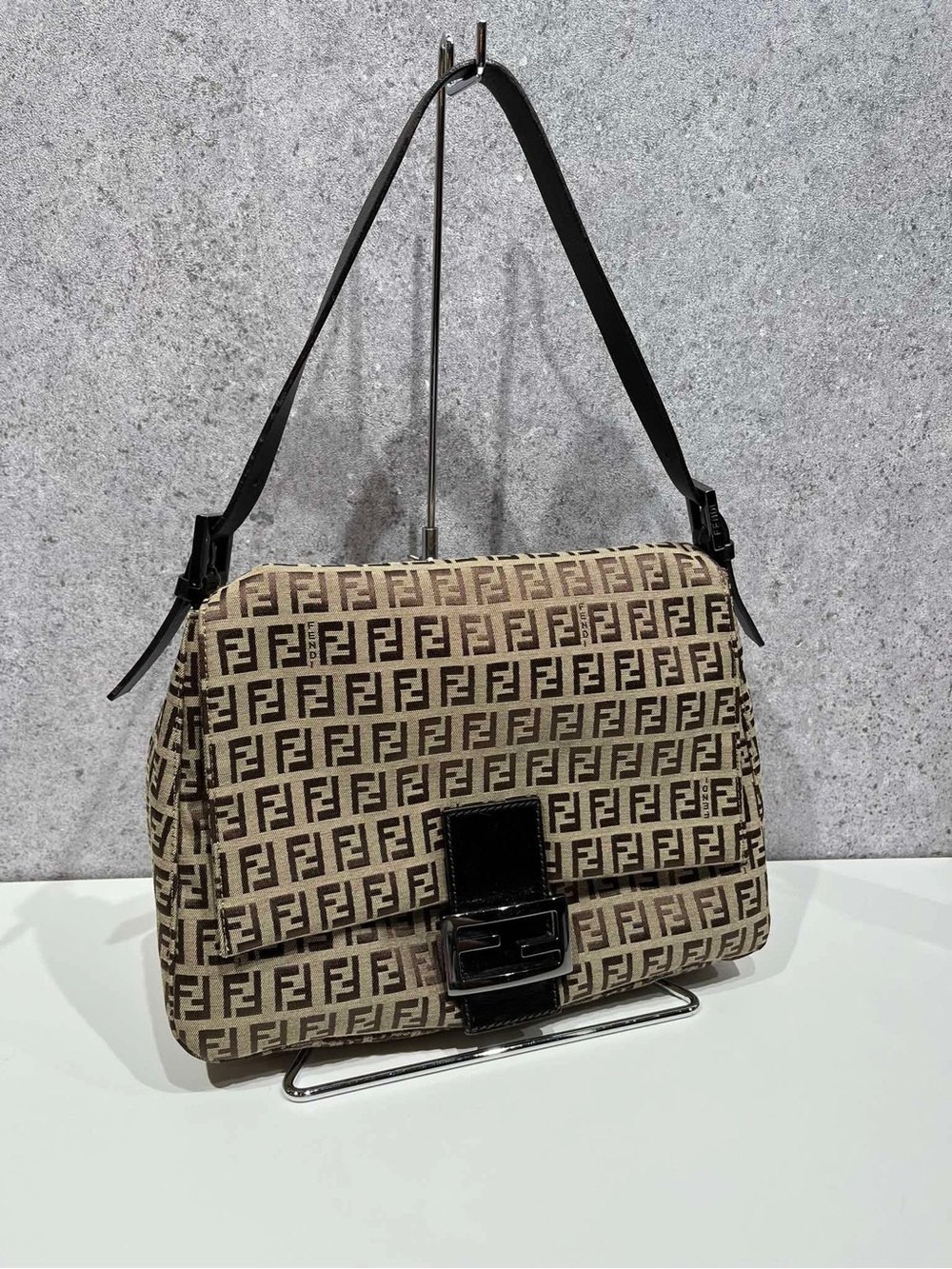 Fendi Beige & Brown Zucca Shoulder Bag with Black Trim